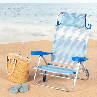 Silla de Playa Plegable Reclinable 8 Posiciones Cojín Acolchado, 74x12x65 Cm, Azul