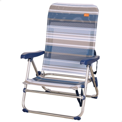 Silla de Playa Plegable Baja 5 Posiciones, 47x50x85 Cm, Azul y Gris