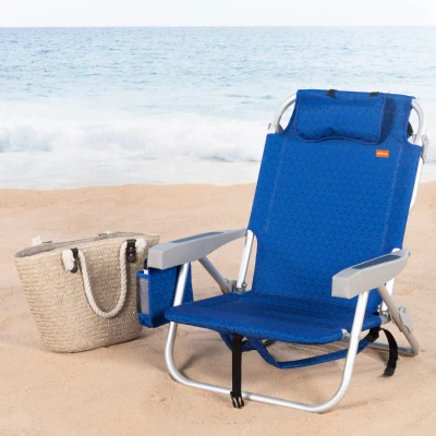 Silla de Playa Baja XL Multiposición con Cojín, Bolsillo y Nevera, 55x60x80 Cm, Azul