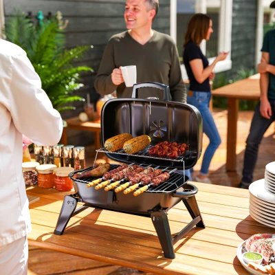 Outsunny Charcoal Barbecue Grill Folding Portable BBQ Grill for Camping with 1232 cm² Cooking Area, Adjustable Vent, Thermometer, Handles for Picnic, 59 x 37 x 36 cm, Black