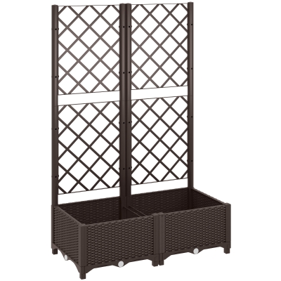 Outsunny Raised Garden Bed with Trellis, Plastic Planter Box with Drainage Holes, Drain Plugs and Water Reservoirs for Climbing Plants, Vegetables, Flowers, Brown