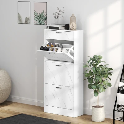 HOMCOM Marble Shoe Storage Cabinet with 3 Flip Drawers, Hallway Cabinet with Top Drawer and Adjustable Shelves, Shoe Cupboard for 18 Pairs, White