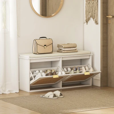 HOMCOM Boho Shoe Bench with Padded Seat and 2 Flip-Drawers - White
