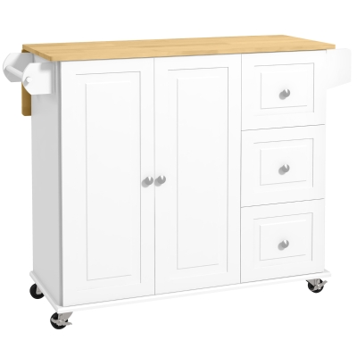 HOMCOM Kitchen Island with Drop Leaf, Rolling Kitchen Storage Trolley on Wheels with 3 Drawers, Spice Rack and Towel Rack, Storage Cart with Rubber Wood Top, White
