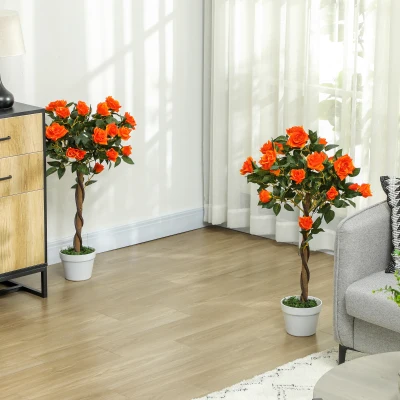 Outsunny Set of 2 Artificial Plants White Rose Floral in Pot, Fake Plants for Home Indoor Decor, 90cm, Orange