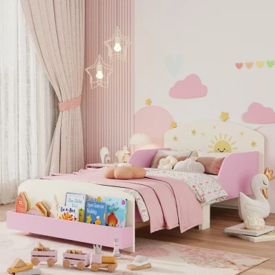 AIYAPLAY Toddler Bed with Storage, Guardrails, Sun Design, for Ages 3-8 Years, Fits 140 x 70cm Mattress,