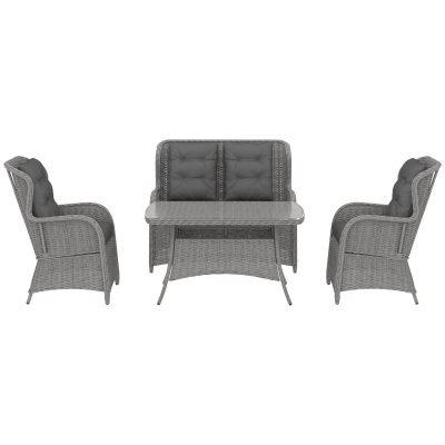 Outsunny Garden PE Rattan Dining Sofa Set, Outdoor 4 Seater Wicker Furniture, High Back Chairs with Cushions, Tempered Glass Coffee Table for Patio, Light Grey