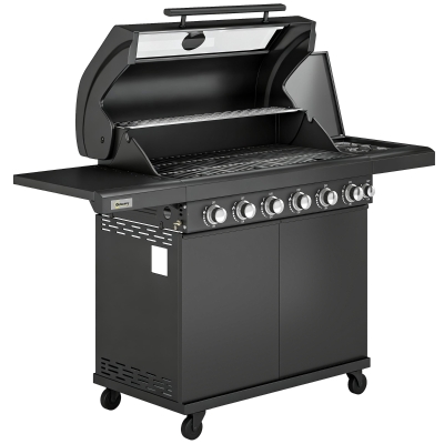 Outsunny 6+1 Burner Gas BBQ Grill, Outdoor Barbecue Trolley with Wheels, Warming Rack, Thermometer, Bottle Opener, Black