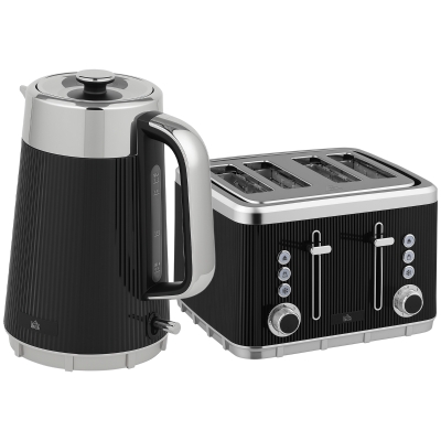HOMCOM Electric Stainless Steel Kettle and Toaster Set, 3000W 1.7L UK Strix Thermostat Fast Boil Kettle w/ Limescale Filter, Cool Touch Body, 4 Slice Toaster with 7 Browning Levels, Black