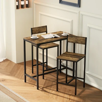 HOMCOM 3-Piece Bar Table Set with 2 Stools, Industrial Breakfast Bar Set with Footrest, Backrest for Dining Room, Small Space