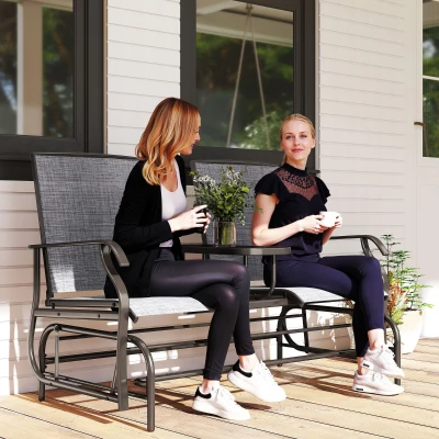 Outsunny 2 Seats Garden Glider Bench, Metal Frame Loveseat with Glass Top  Centre Table, Porch Rocking Glider for 2 Person, for Deck, Patio, Brown/ Grey