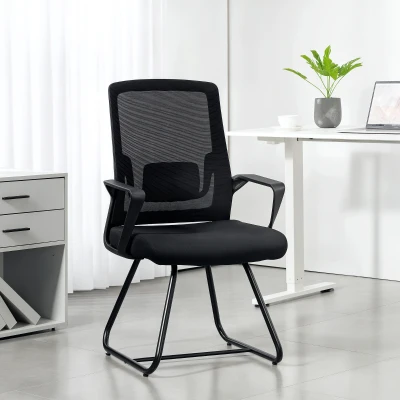 HOMCOM Desk Chair No Wheels, Office Chair with Mesh Back, Lumbar Support, Metal Base for Waiting Room, Conference Room, Black
