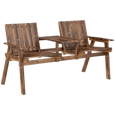 Outsunny 2-Seater Garden Loveseat with Table and Parasol Hole for Porch, Patio, Carbonised Finish