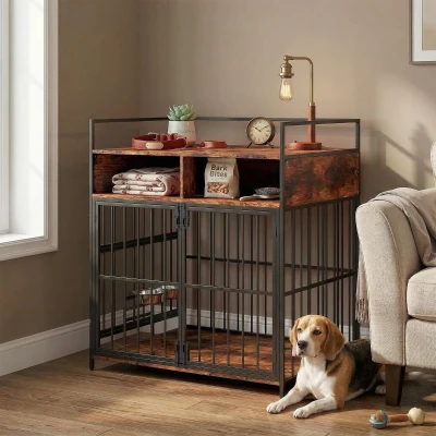 PawHut Dog Crate Furniture, Dog Cage with Rotatable Feeding Station and Storage Shelves, End Side Table Indoor Pet Kenne