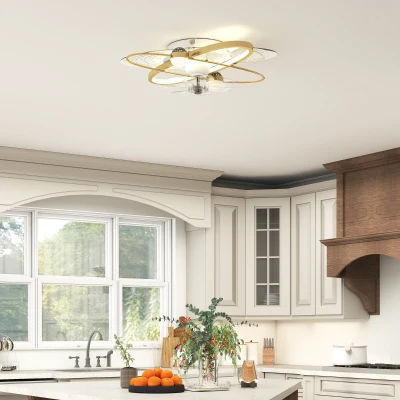 HOMCOM Ceiling Fan with Light and Remote, 3 Colour Temperatures, LED Mount Ceiling Fan Light for Bedroom, Gold Tone