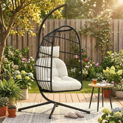 Outsunny Hanging Egg Swing Chair Foldable Stand Black/Cream White