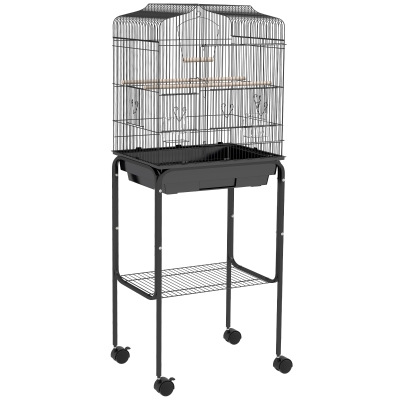 PawHut Bird Cage Budgie Cages for Finch Canary Parakeet with Stand Wheels Slide-out Tray Accessories Storage Shelf, Black