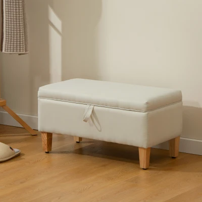 HOMCOM 30L Linen Storage Ottoman Padded Footstool with Rubberwood Legs for Storage Box, Bed End, Shoe Bench, Seating, Beige