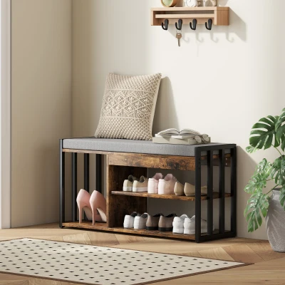 HOMCOM Shoe Storage with Seat, Upholstered Entryway Bench, Shoe Bench with 3 Open Shelves for Hallway, Rustic Brown
