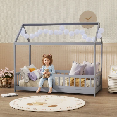 HOMCOM House-Shaped Kids Bed Frame with Guard Rails, Solid Pine Wood Single Bed Frame for Kids Boys and Girls, Grey
