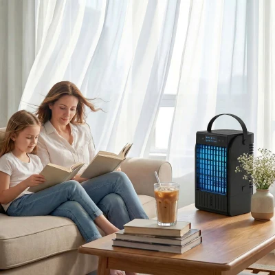 HOMCOM Portable Air Conditioner, 4-in-1 Mini Air Cooler with 4 Wind Speed, 2 Cool Mist, RGB 7 LED Light, Black
