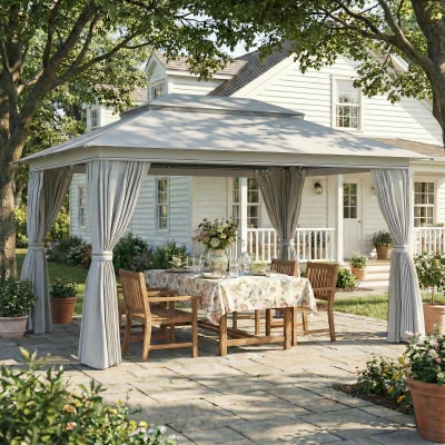Outsunny 3 x 4 m Outdoor Garden Gazebo with Netting and Curtains, UPF50+ Patio Gazebo Permanent Pavilion Canopy, Dark Grey