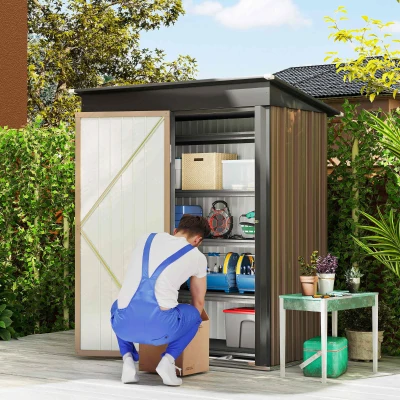 Outsunny 5 x 3ft Corrugated Steel Storage Shed, with Lock - Brown