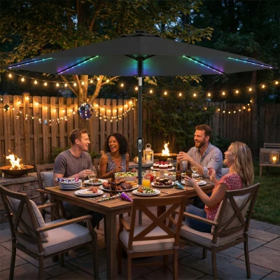 Outsunny 3 m Garden Parasol Umbrella with 112 Solar Powered LED Lights, Patio Umbrella with Crank Handle, Grey