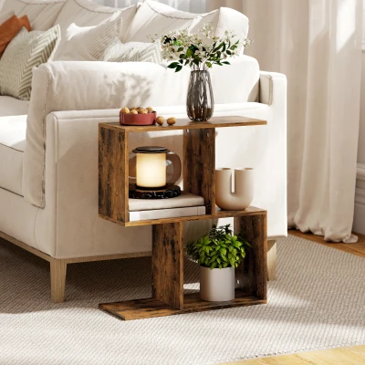 HOMCOM Side Table, Narrow End Table with Storage Shelves, S-Shaped, 3-Tier, 50W x 19.5D x 58H cm, Rustic Brown
