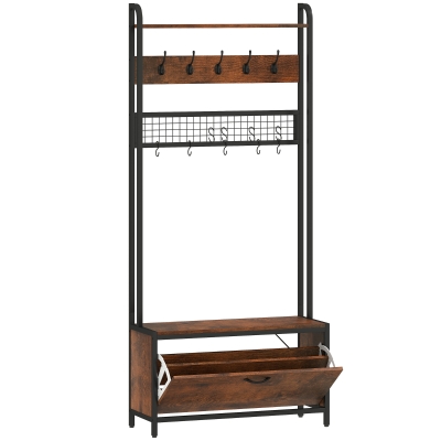 HOMCOM 5-In-1 Industrial-Style Hallway Tree - Brown/Black