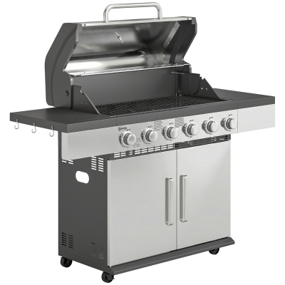 Outsunny 6 Burner Liquid Propane Gas BBQ Grill, Outdoor Portable Gas Barbecue Grill with Warming Rack, Side Tables, Cabinet