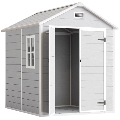 Outsunny 6 x 5ft Garden Shed, Plastic Shed with Floor, Window, Lockable Doors and Vents, Wood Effect Resin Tool Shed for Outdoor Patio, Light Grey