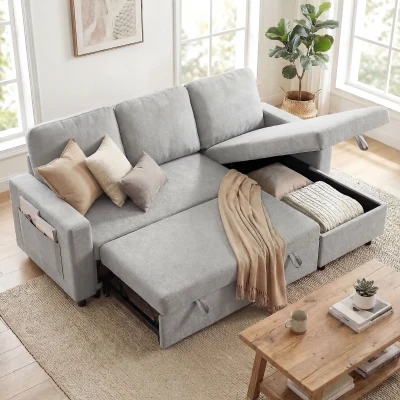 HOMCOM L Sofa Bed, with Storage - Light Grey