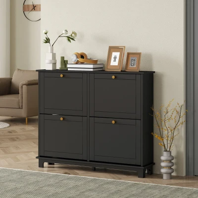 HOMCOM Narrow Shoe Storage Cabinet, Slim Shoe Cabinet with 4 Flip Drawers, Adjustable Shelves for 16 Pairs of Shoes, Black