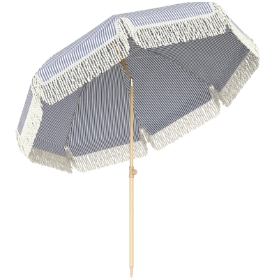 Outsunny 1.7 m Beach Umbrella with Sand Anchor, 30° Tilting Fringed Beach Garden Parasol with Adjustable Height, Blue