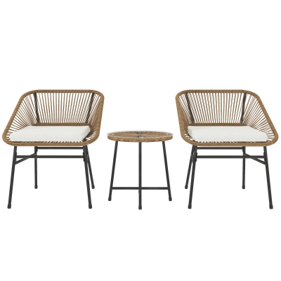Outsunny 3 Pieces Rattan Bistro Set, Wicker Small Garden Table and Chairs Set with Cushions and Glass Top Coffee Table, Bistro Garden Furniture Set for Outdoor, Patio, Balcony, Natural
