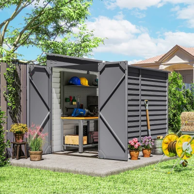 Outsunny 5 x 9ft Galvanised Metal Garden Shed with Foundation Kit, Outdoor Lean-to Shed, Tool Storage House for Garden, Grey