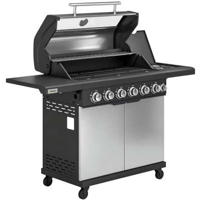 Outsunny 6+1 Burner Gas BBQ Grill, Outdoor Barbecue Trolley with Wheels, Warming Rack, Thermometer, Bottle Opener, Silver Tone