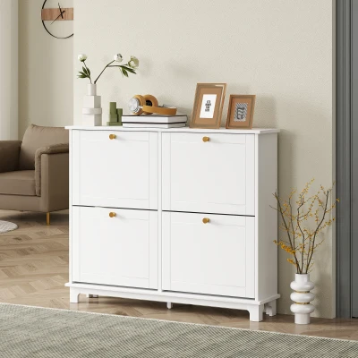 HOMCOM Narrow Shoe Storage Cabinet, Slim Shoe Cabinet with 4 Flip Drawers, Adjustable Shelves for 16 Pairs of Shoes, White