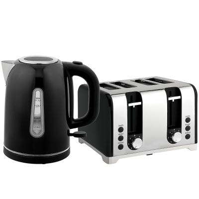 HOMCOM Kettle and Toaster Set, 1.7L 3000W Rapid Boil Jug Kettle with Otter Thermostat, Limescale Filter, 4 Slice Toaster with 7 Browning Controls, Crumb Tray, LED Strip, Black