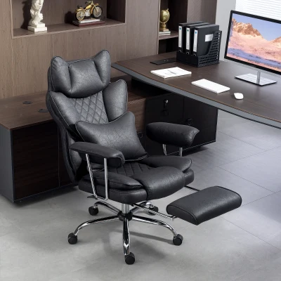 HOMCOM Leathaire Reclining Office Chair with Lumbar Support Pillow - Black