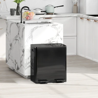 HOMCOM 40L Dual Compartment Stainless Steel Bin, with Deodoriser Holders - Glossy Black