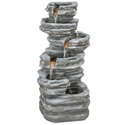 Outsunny Outdoor Fountain, 6-Tier Cascading Waterfall Feature with LED Lights, Resin Freestanding Garden Fountain, Grey