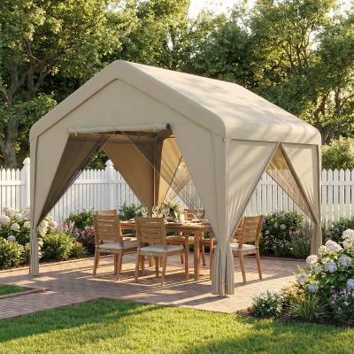 Outsunny 3 x 3 m Patio Gazebo with Netting & Curtains, Outdoor Canopy Shelter with Galvanised Steel Frame, Khaki