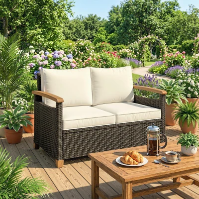 Outsunny 2 Seater Rattan Garden Sofa, Outdoor Sofa with Thickened Cushions and Acacia Wood Armrests, Brown