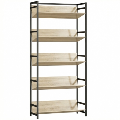HOMCOM Bookshelf 5-Tier Metal Frame Bookcase Storage Shelves for Living Room Oak