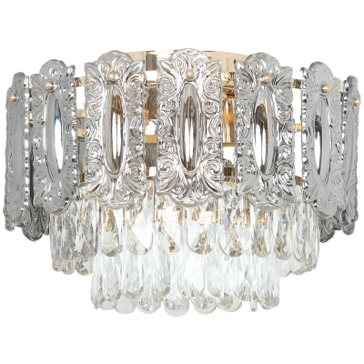 HOMCOM Chandelier Ceiling Light, 3-Light Flush Mount Fixture with Dual Crystal and Smoke Glass Shade, 40 cm LED Ceiling Light for Living Room Bedroom, 3 E14 Sockets, Bulbs Not Included, Gold Tone