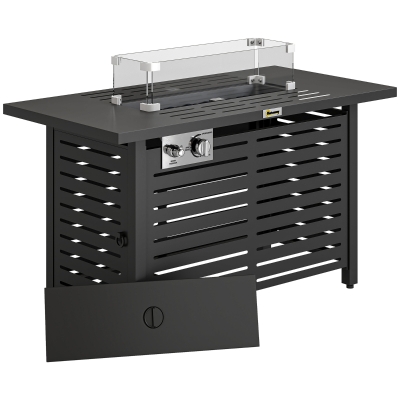 Outsunny Propane Gas Fire Pit Table, Outdoor Firepit with 43" Steel Tabletop and Lid, 50,000 BTU Pulse Ignition Fire Table w/ Stainless Steel Burner, Glass Wind Guard, and Cover