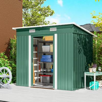 Outsunny 7 x 4ft Outdoor Storage Shed with Foundation Kit, Lean to Metal Garden Shed for Log, Rubbish Bin, Tool, Bike, Green