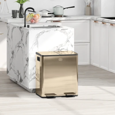 HOMCOM 40L Dual Compartment Stainless Steel Bin, with Deodoriser Holders - Gold Tone